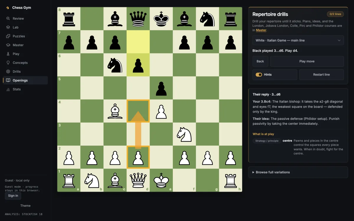 The Italian Game, with the reason for the next move
