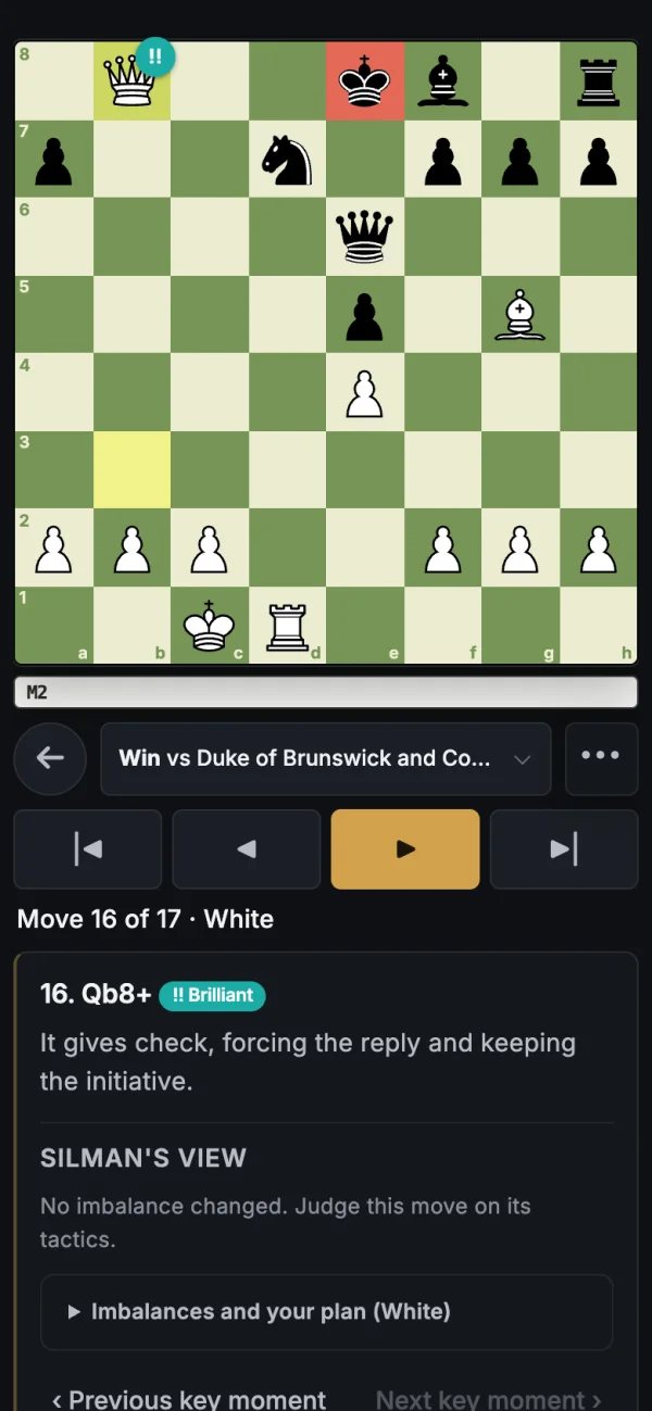 Game review on a phone: 16.Qb8+, Brilliant