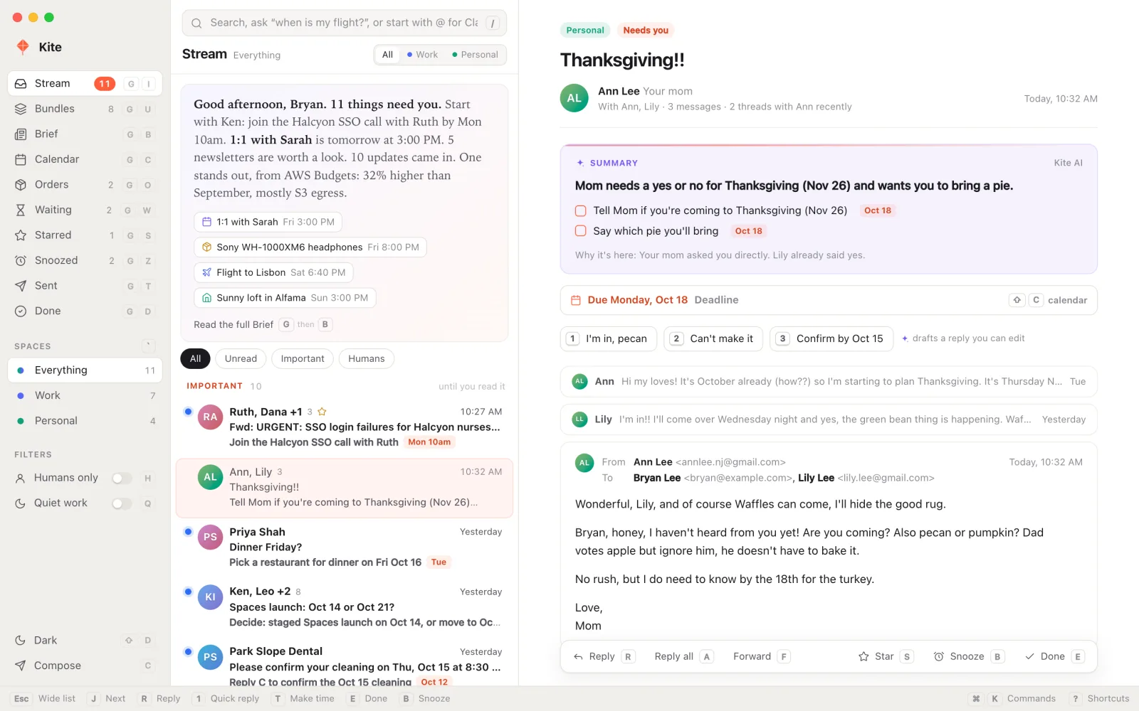 Kite on a Mac: the Stream, with a Thanksgiving email from Mom open beside it