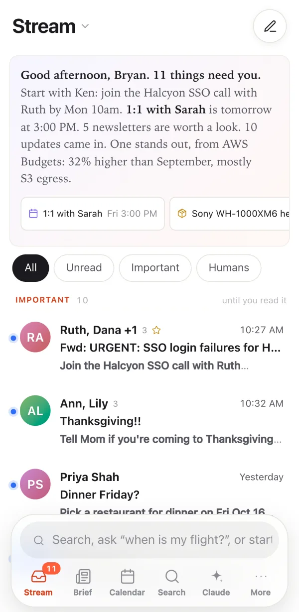 Kite on an iPhone: the morning note and the Important mail