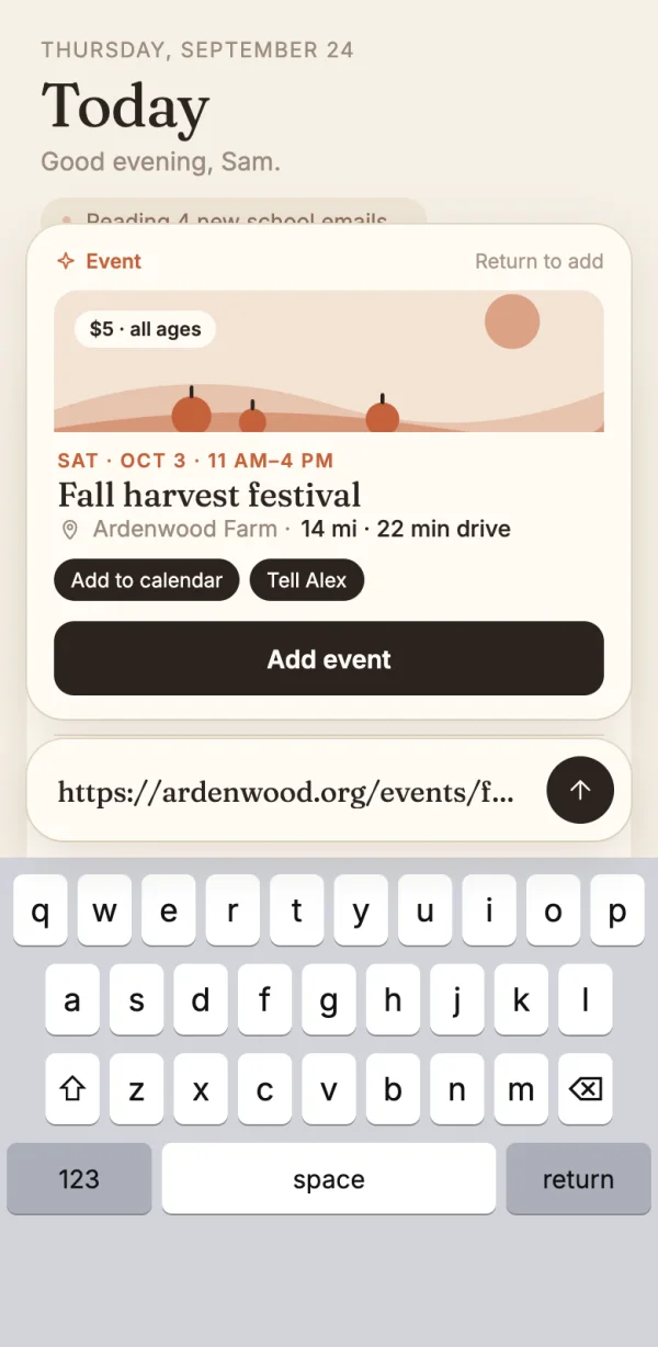 A pasted link turns into a festival card