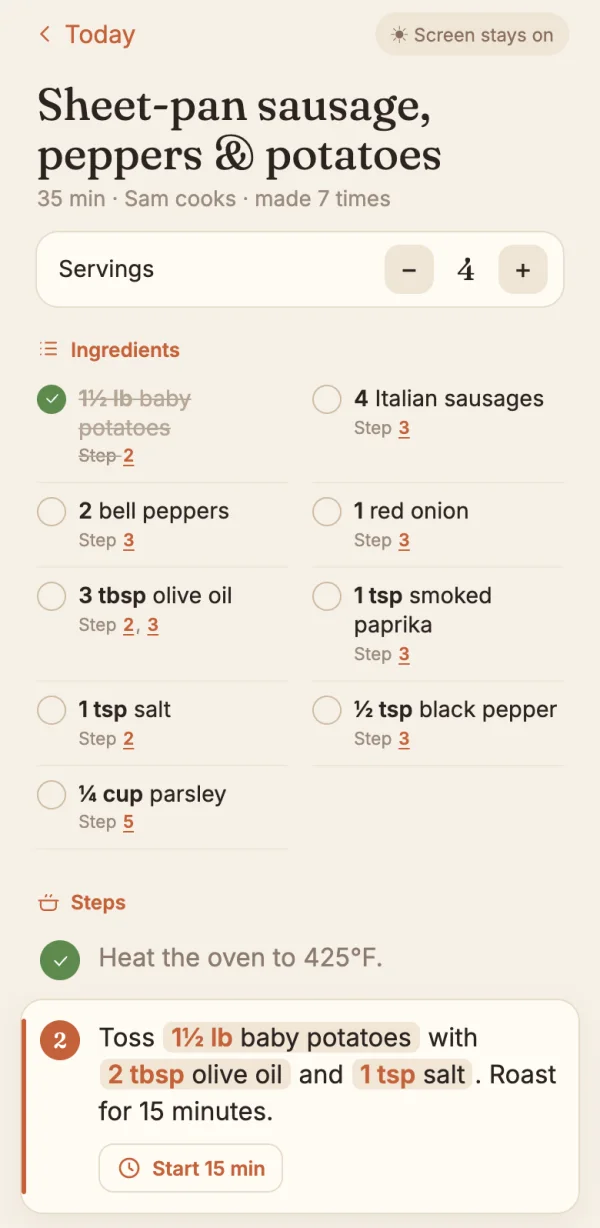 Cook mode with the ingredient list