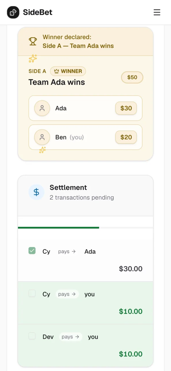 The winner in gold, and the payments to Ben in green