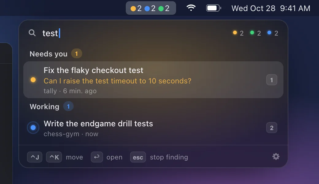 Typing "test" narrows the inbox to two threads