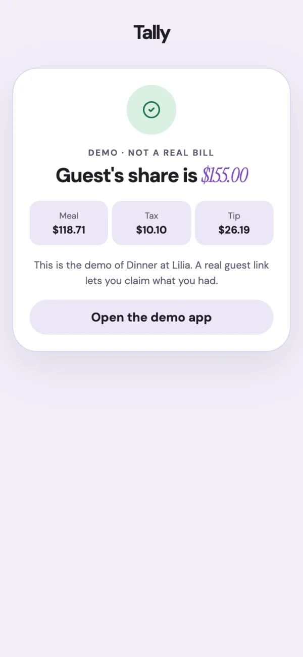 The demo guest page: one share, split into meal, tax, and tip