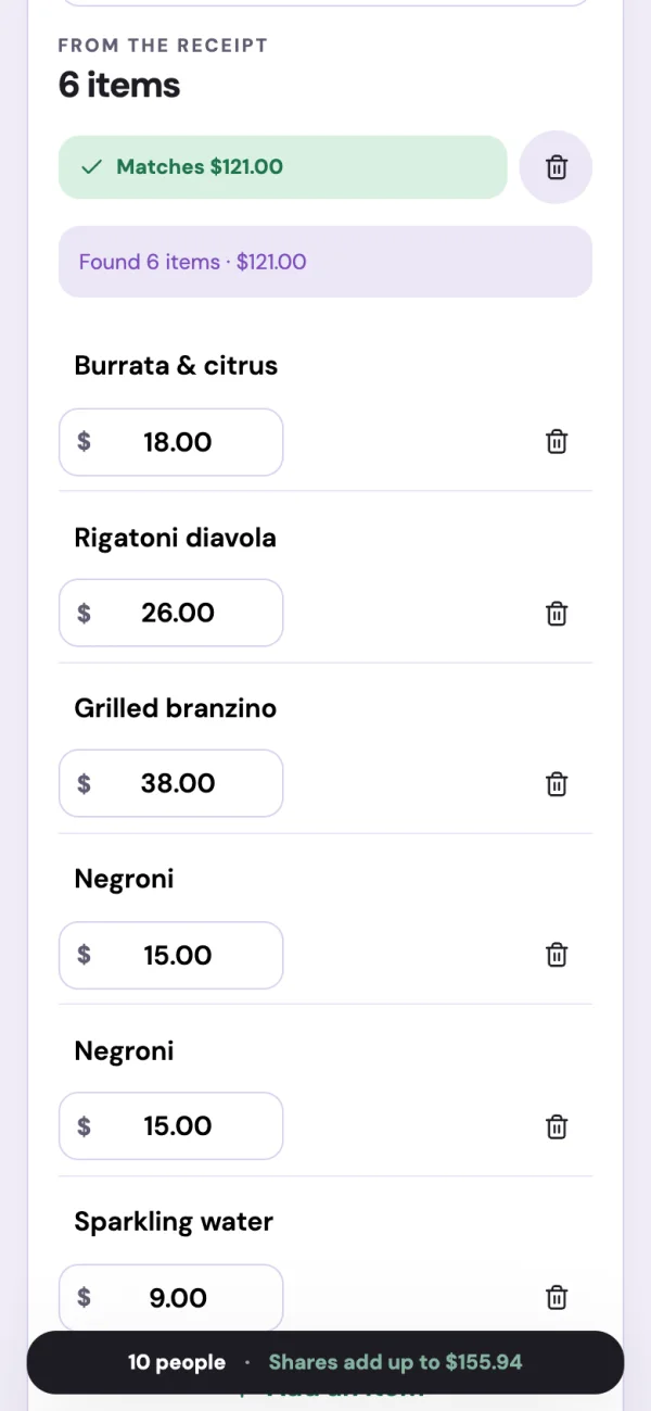 A demo receipt that matches its $121.00 subtotal