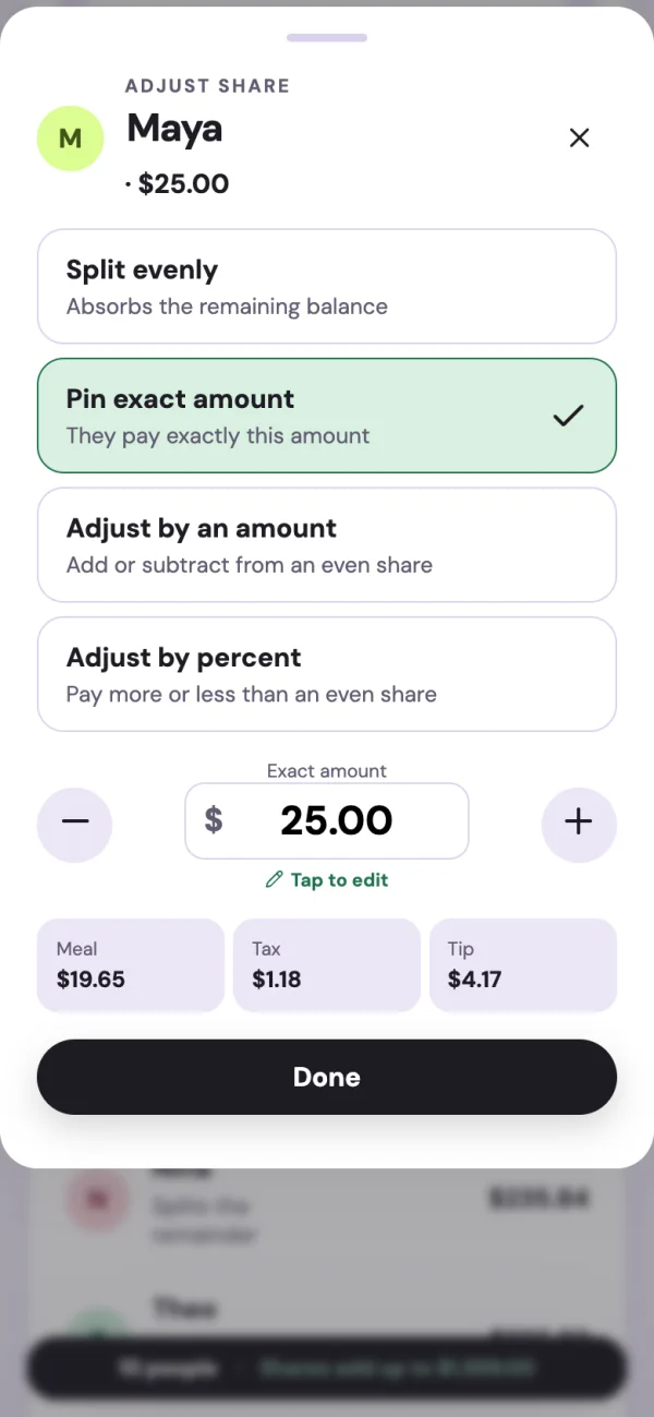 The sheet for one person: four plain choices and a meal, tax, and tip breakdown